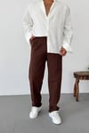 Kahve Pileli Keten Baggy Pantolon