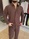Keten Desenli Oversize Gömlek Kahve