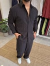 Keten Desenli Oversize Gömlek Siyah