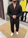 Siyah Buruşuk Kumaş Oversize Gömlek