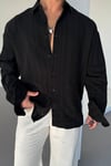 Siyah Linen Nakışlı Keten Gömlek