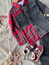 Erkek çocuk ekose detaylı 3lü denim takım