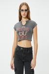 Koton Crop Baskılı Tişört Soluk Efektli V Yaka Kısa Kollu Pamuklu Slim Fit