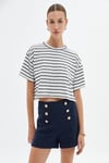 Koton Oversize Crop Tişört Bisiklet Yaka Kısa Kollu Lacivert Çizgili