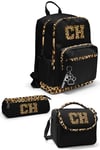 CORAL HİGH SİYAH LEOPAR CH HARF DESENLİ 3'LÜ OKUL ÇANTA SETİ 