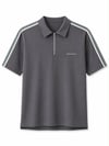Erkek Şerit Detaylı Fermuarlı Polo Yaka T-shirt Gri