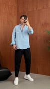 Oversize Baskılı Keten Gömlek Bebe Mavi