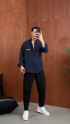 Oversize Baskılı Keten Gömlek Lacivert