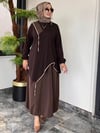 Bambu Ve Turkuaz Kumaş Kombinli Etekli Takım -Kahve