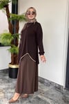 Bambu Ve Turkuaz Kumaş Kombinli Etekli Takım -Kahve