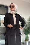 Bürümcük Kumaş Arkası Ve Tuniği Fermuarlı Etekli Takım -Siyah