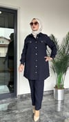 Bürümcük Kumaş Önden Düğmeli İkili Takım -Lacivert