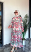 Desenli Şifon Kumaş Fırfır Detaylı Elbise -Pembe
