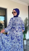 Desenli Şifon Kumaş Fırfır Detaylı Elbise -Mavi
