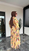 Desenli Şifon Kumaş Fırfır Detaylı Elbise -Sarı