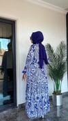 Desenli Şifon Kumaş Fırfır Detaylı Elbise -Mavi