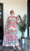 Desenli Şifon Kumaş Fırfır Detaylı Elbise -Pembe