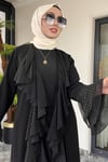 Krep Kumaş Şifon Ve Taş Detaylı Önü Volanlı İkili Abaya Elbise -Siyah