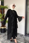 Krep Kumaş Şifon Ve Taş Detaylı Önü Volanlı İkili Abaya Elbise -Siyah