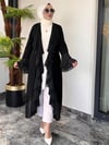 Krep Kumaş Şifon Ve Taş Detaylı Önü Volanlı İkili Abaya Elbise -Siyah