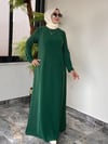 Krep Kumaş Taş Ve İnci Çakma Detaylı Elbise -Yeşil