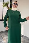 Krep Kumaş Taş Ve İnci Çakma Detaylı Elbise -Yeşil