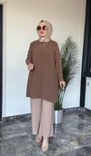 Sandy Kumaş Önü Şifon Kaplama Tunik Ve Sandy Kumaş Pantolon İkili Takım 