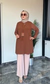 Sandy Kumaş Önü Şifon Kaplama Tunik Ve Sandy Kumaş Pantolon İkili Takım 