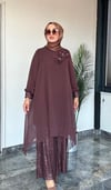 ŞİFON KREP KUMAŞ VE PAYET KUMAŞ KOMBİNLİ İKİLİ TAKIM -KAHVE 