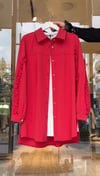 Turkuaz Kumaş Nervür İşlemeli Düğme Detaylı Tunik -Kırmızı