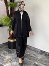 Turkuaz Kumaş Parlak Kumaş Kombinli Ceket Pantolon İkili Takım -Siyah