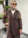 Turkuaz Kumaş Parlak Kumaş Kombinli Ceket Pantolon İkili Takım -Kahve