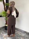 Turkuaz Kumaş Parlak Kumaş Kombinli Ceket Pantolon İkili Takım -Kahve