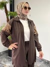 Turkuaz Kumaş Parlak Kumaş Kombinli Ceket Pantolon İkili Takım -Kahve