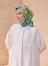 Yeşil Çiçek Desen %100 Twill İpek Eşarp 4107 - 82