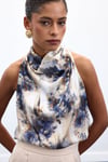Drapeli Halter Yaka Desenli Bluz - İndigo