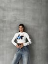 Bisiklet Yaka Yazılı Baskılı Fiyonklu Crop Bluz