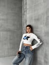 Bisiklet Yaka Yazılı Baskılı Fiyonklu Crop Bluz