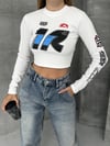 Bisiklet Yaka Yazılı Baskılı Fiyonklu Crop Bluz