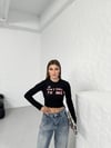 Bisiklet Yaka Yazılı Baskılı Fiyonklu Crop Bluz