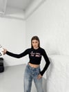 Bisiklet Yaka Yazılı Baskılı Fiyonklu Crop Bluz