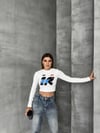 Bisiklet Yaka Yazılı Baskılı Fiyonklu Crop Bluz