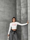 Bisiklet Yaka Yazılı Baskılı Fiyonklu Crop Bluz
