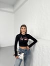Bisiklet Yaka Yazılı Baskılı Fiyonklu Crop Bluz