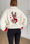 Düğmeli Dik Yaka Geyik Ayıcık Nakışlı Oversize Salaş Lastikli Sweatshirt