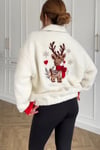Düğmeli Dik Yaka Geyik Ayıcık Nakışlı Oversize Salaş Lastikli Sweatshirt
