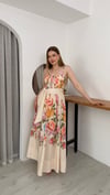 İnce Askılı Çiçekli Maxi Uzun Keten Elbise