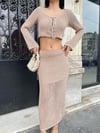 Önü Korse Bağcıklı Crop Bluz Uzun Etek Ajurlu Örme İkili Takım