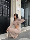 Önü Korse Bağcıklı Crop Bluz Uzun Etek Ajurlu Örme İkili Takım