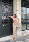 Önü Korse Bağcıklı Crop Bluz Uzun Etek Ajurlu Örme İkili Takım
